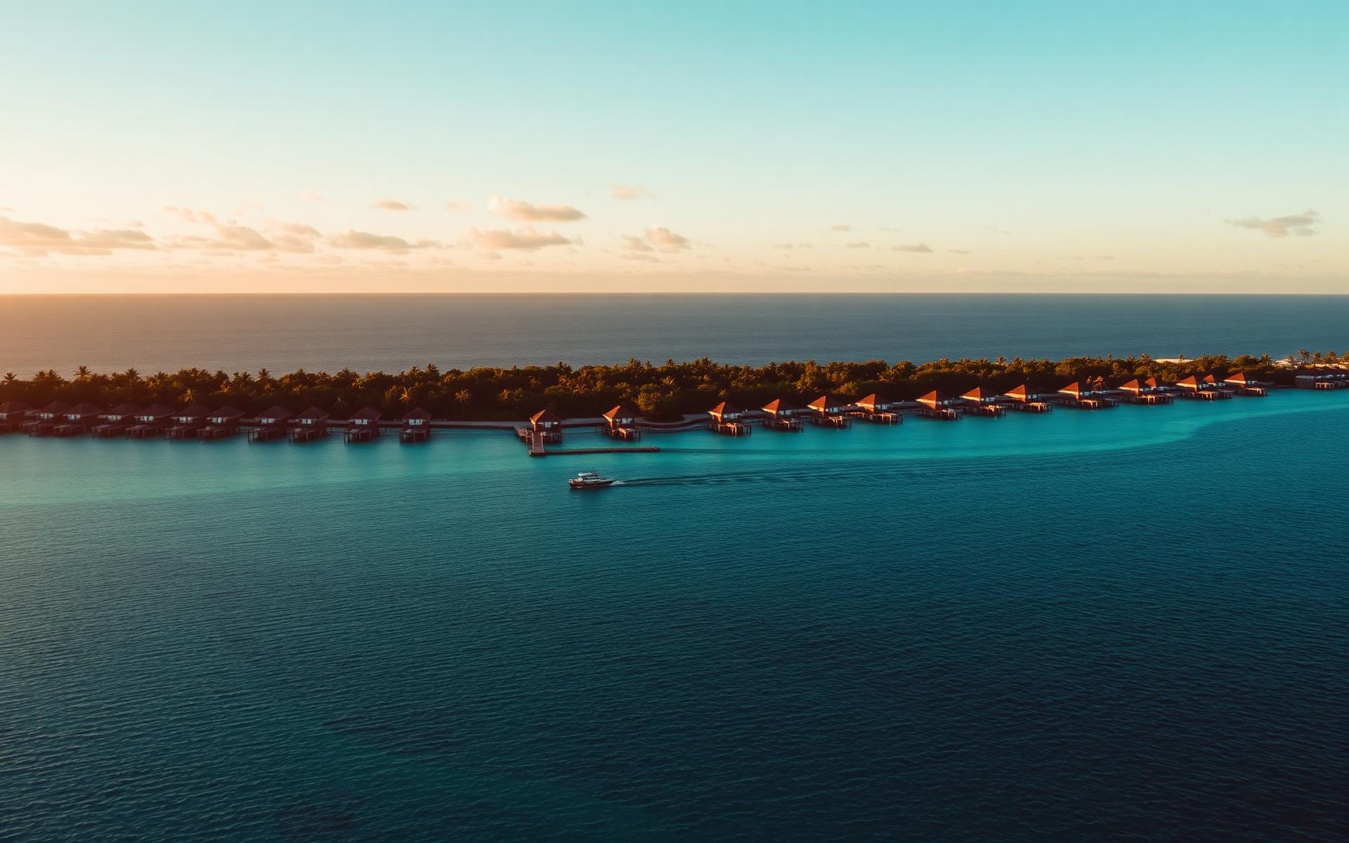 Aerial view of a premium island destination at golden hour